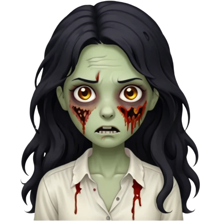 garota zumbi com cabelo preto ondulado longo blusa branca sem botões, lisa a blusa emoji