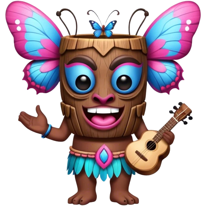 Cartoon Blue and pink tiki singing with butterfly and bongos emoji