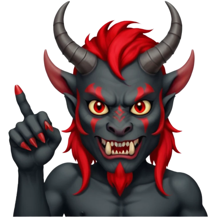 демон с чёрной как уголь кожей, красными клыками, двумя красными рогами торчащими у него изо лба, красной гривой и глазами показывает пальцем в нас emoji