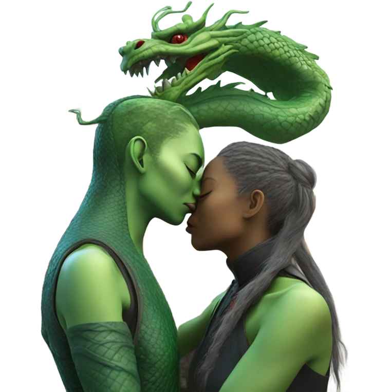 Photo realistic, alien female green, kissing and embracing china dragon emoji