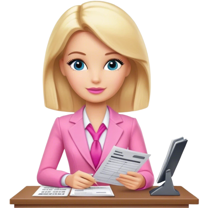 Blonde accountant Barbie doing taxes, pink outfit  emoji