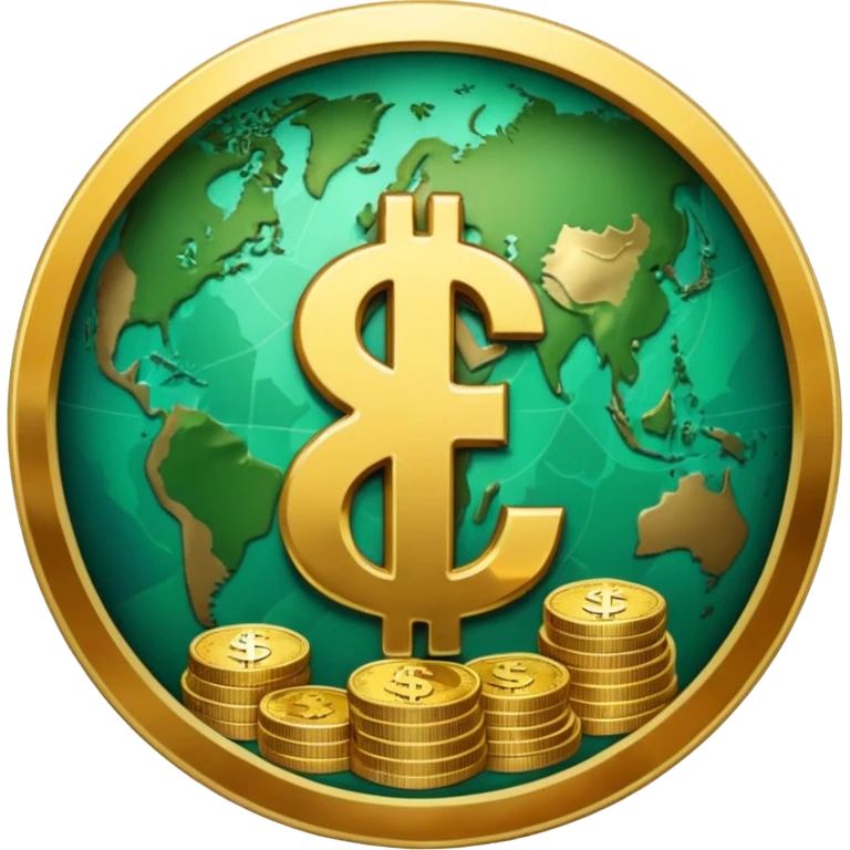 An icon featuring  a dollar sign, and a chart with upward trends, symbolizing economics. The design includes coins, bills, and earth e, representing global trade and financial systems. Transparent background highlights the study of markets, supply, and demand. emoji