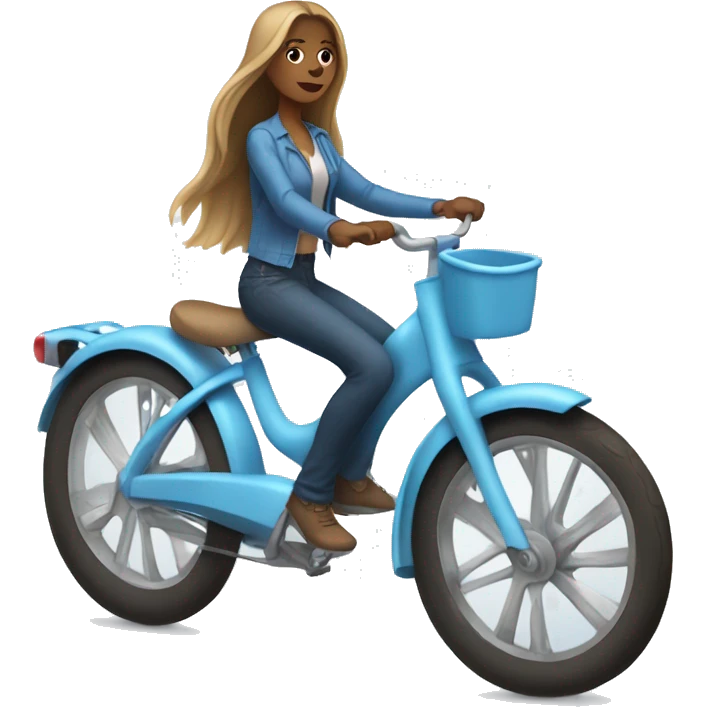Girl riding baby blue bike, she has light brown long hair emoji