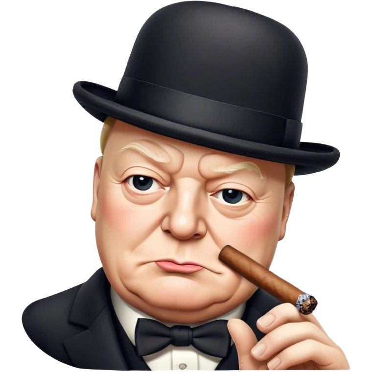 Cinematic Realistic Winston Churchill Portrait Emoji, depicted as a resolute British statesman with a signature bowler hat and a cigar, exuding determined leadership and wartime valor, rendered with lifelike textures and dramatic vintage lighting that captures his iconic British spirit. emoji