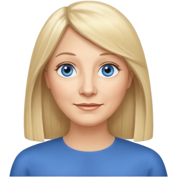 50 yr old white woman, curtain bangs, very long straight blond hair, oval face, small smile, blue eyes, thin face, hair downback, hair parted at center of head, round cheeks, pale, longer hair emoji