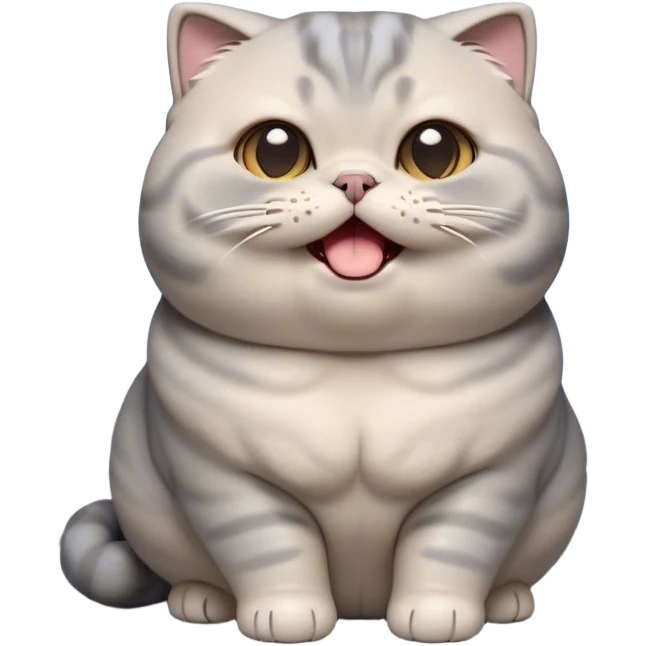 Cinematic Cute Chubby Grey Scottish Fold Cat Portrait Emoji, Head tilted playfully and yawning, round and plump body with sleek soft grey fur and subtle blue undertones, adorable folded ears, Simplified yet adorable features, highly detailed, glowing with a warm, friendly glow, high shine, curious yet calm, stylized with a touch of whimsy, bright and endearing, soft glowing outline, capturing the essence of a mischievous yet loving and lazy kitty with those signature folded ears, so cute it feels like it could stretch out of the screen and cuddle! emoji