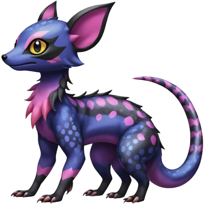 Rare epic aesthetic colorful Salandit-Noibat-Eevee-Civet-species-Fakemon-hybrid-creature, with markings, full body emoji