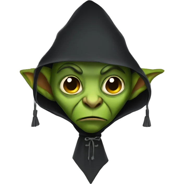 Goblin head, wearing a dark cape, hood,  front view,  emoji