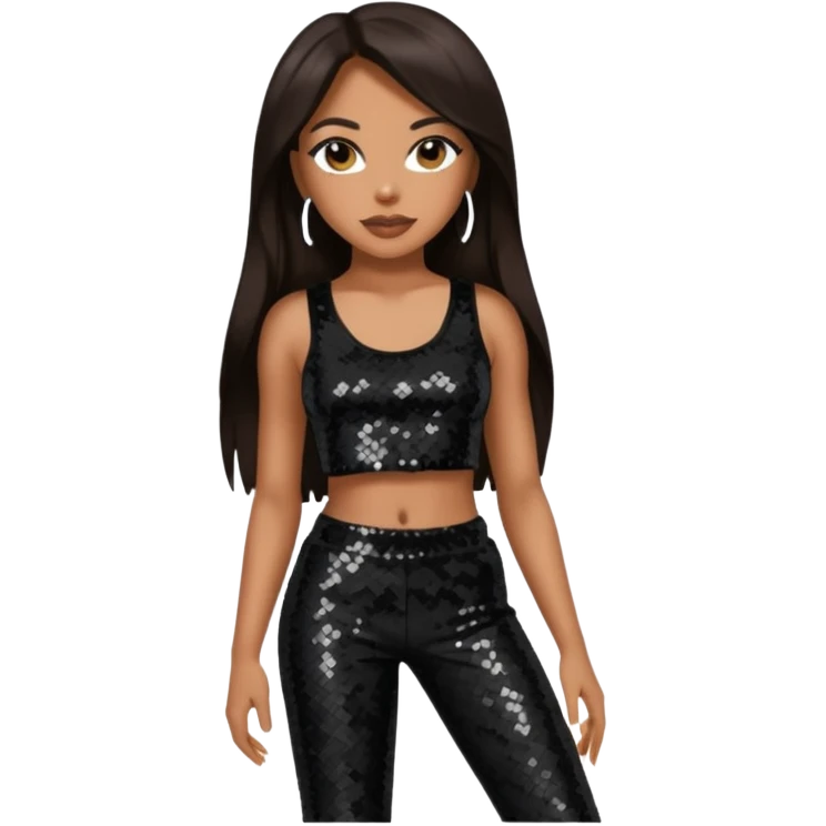Aaliyah with long dark brown hair, black sequin crop top, black sequin pants emoji