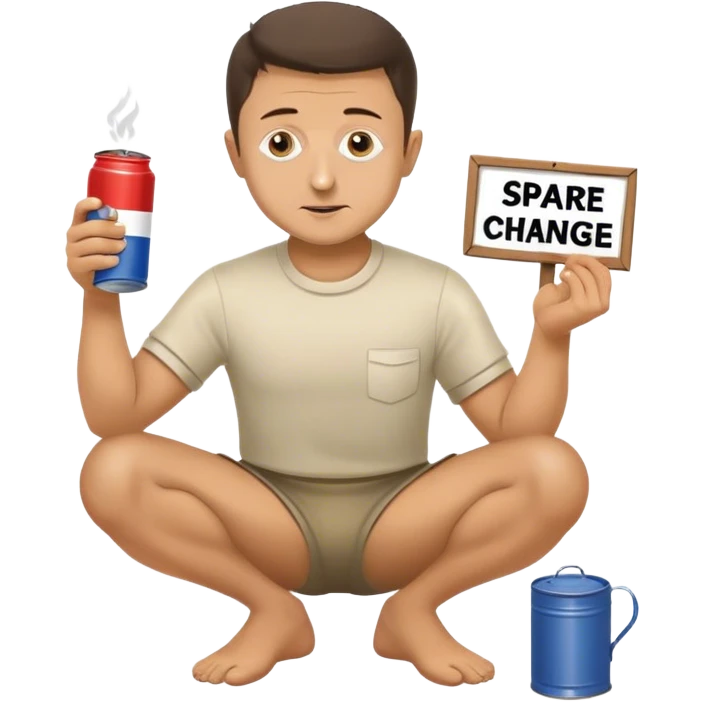Volodymyr Zelenskyy on his knees with a tin cup and sign begging for “spare change”  emoji