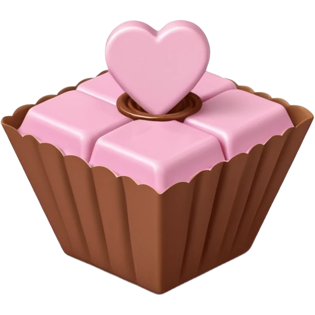 Two square milk chocolate , Each praline is a sharp-edged cube with smooth glossy chocolate coating, placed in a small white fluted paper candy cup. On top of each cube is a flat pastel pink heart-shaped icing emoji