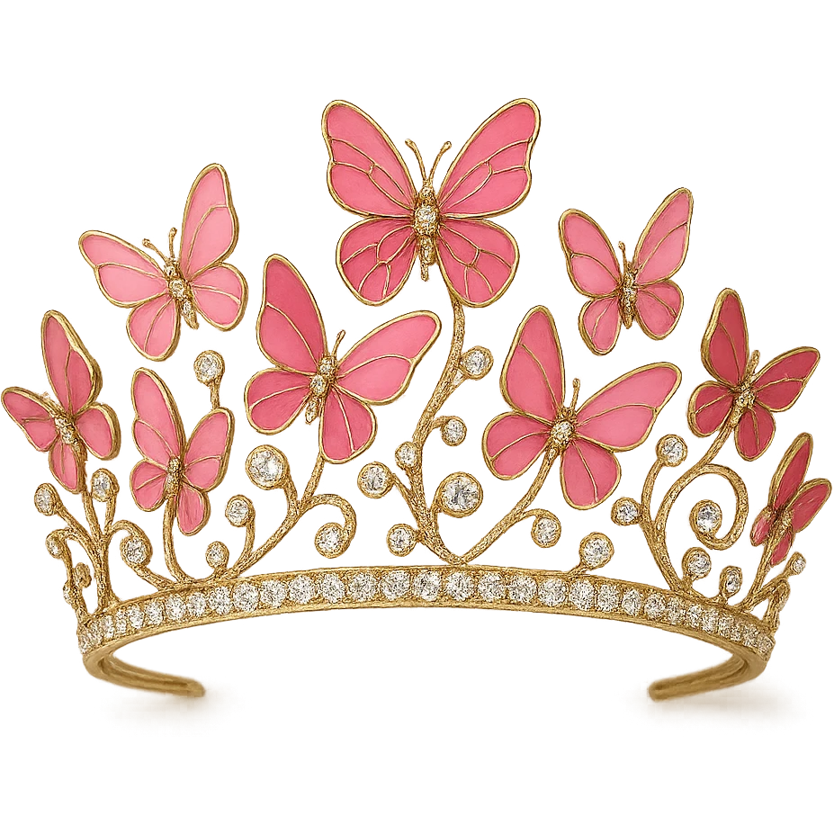 butterfly crown with a pink base, butterflies in various pink enamel shades, sparkling gems, transparent background emoji