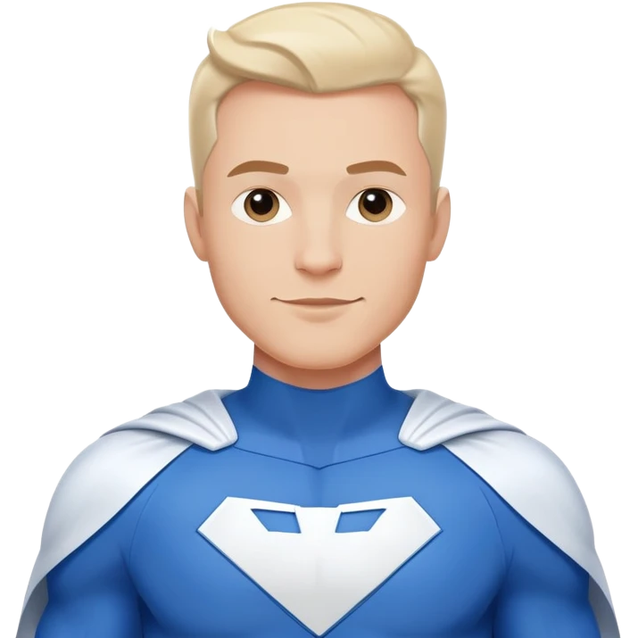 Emoji of a friendly, clean-shaven man in a sleek blue and white superhero suit. The suit has a large blank area on the chest for a logo. Cheerful expression, confident and kind pose, minimalist style emoji