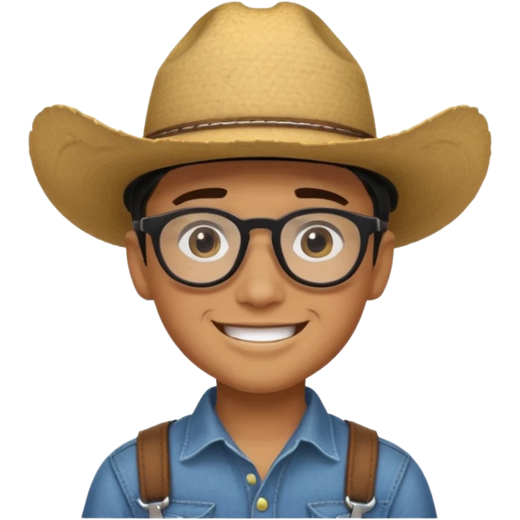 Smiling boy with cow boy hat . With chin strap and black glasses  emoji