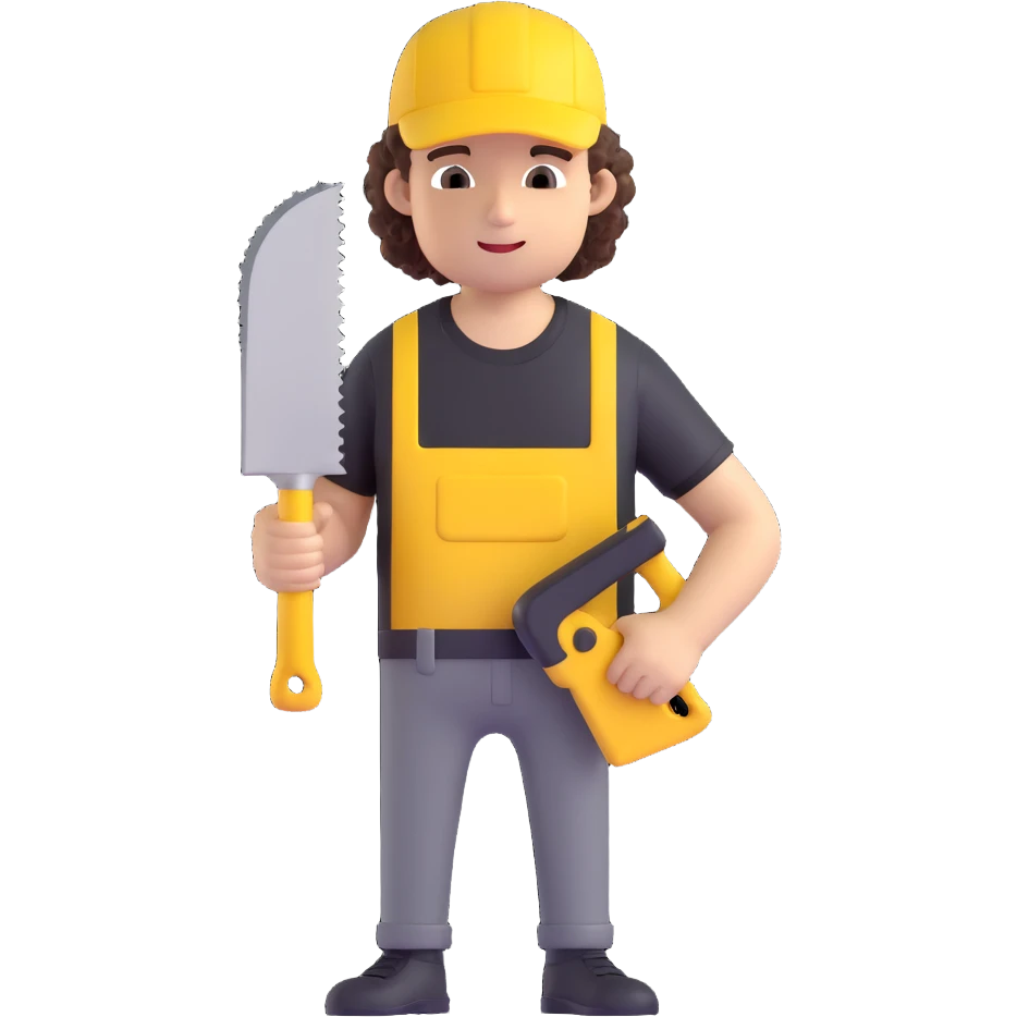 create a character with a saw, cute guy, curly, in a black t-shirt and a yellow cap, in 3d emoji