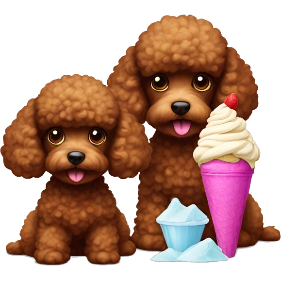 Two brown toy poodles. One is smaller than the other one. One is eating ice cream, the other one I watching emoji