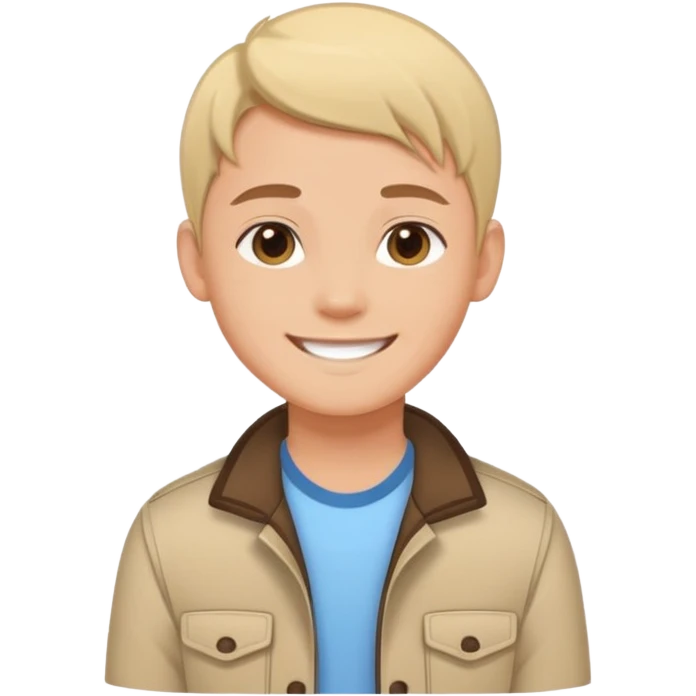 Cartoon avatar sticker of a young person, friendly smile, modern outfit, clean vector illustration, thick outline, flat colors, simple background, sticker style, high quality, transparent background emoji