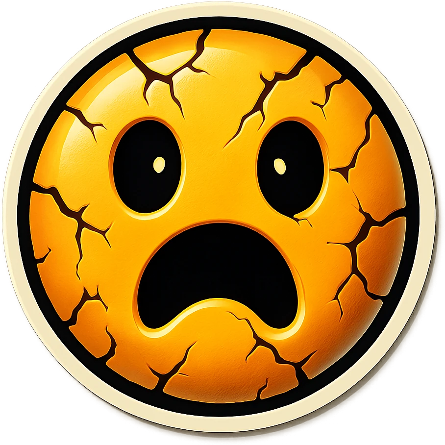 scary emoji with cracks and chips, retro stickers style, sharp black outlines, clear shadows and highlights, no gradients emoji