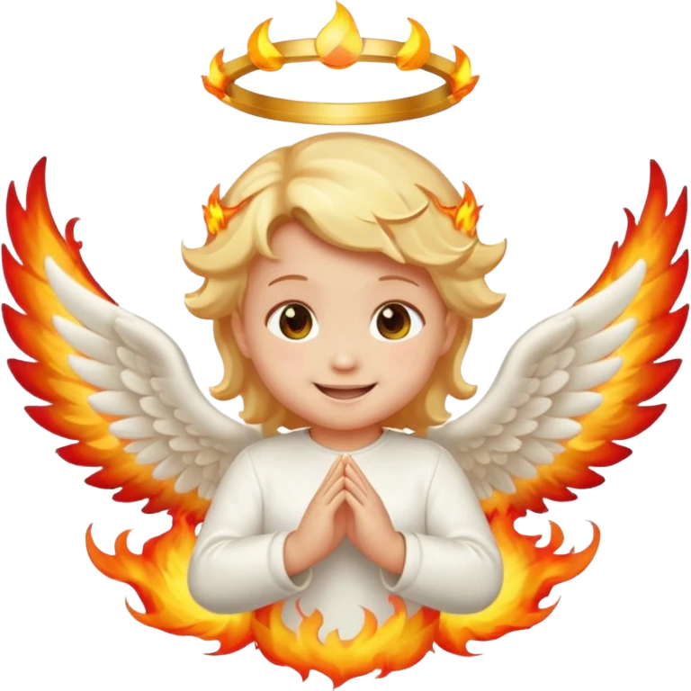 baby fire angel, smiling, halo, small white wings, flames, emoji style emoji