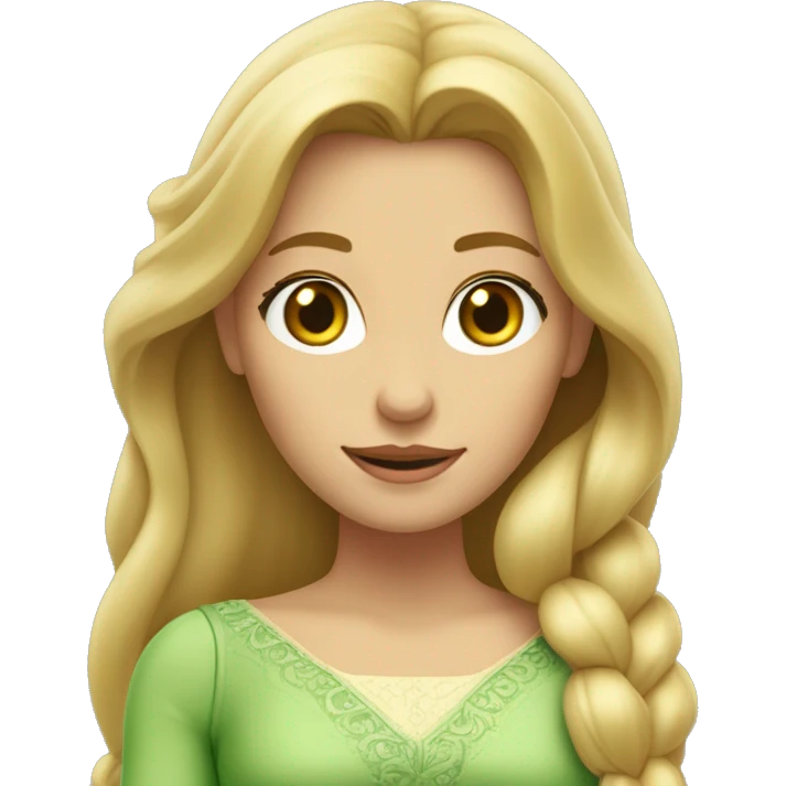 Mujer blanca con vestido de Rapunzel, ojos verdes, rubia y de pelo largo liso  emoji
