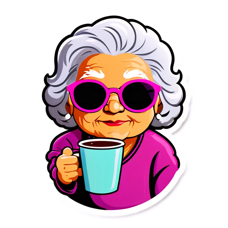 Beach grandma with sunglasses and a cup of coffee emoji