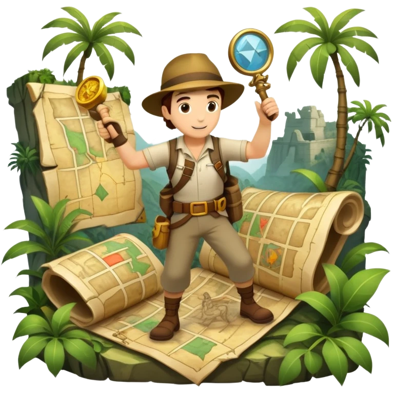 An icon featuring an adventurer in a dynamic action pose with treasure map, ancient ruins and jungle landscapes in the background. The design includes clues, hidden passages and climbing gear, symbolizing the thrill of exploration and discovery. Transparent background. emoji