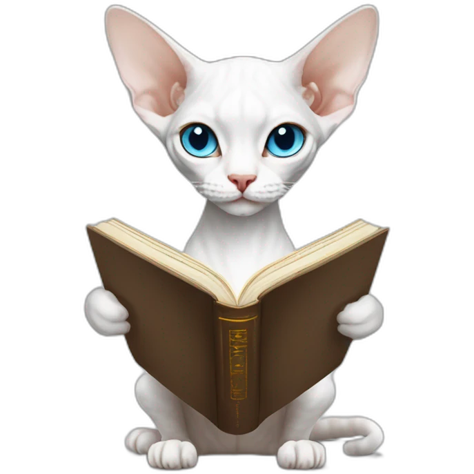 Slim white devon rex with light blue eyes reading book emoji