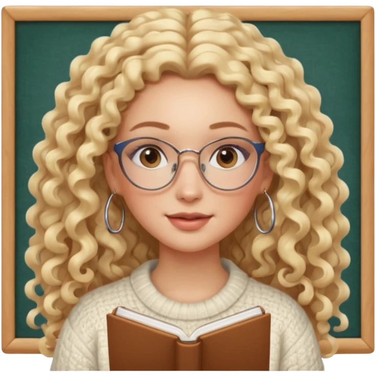 cute white woman with VERY LONG blonde curly hair, brown eyes, full lips, natural clean girl makeup and hoop earrings and square glasses, studying emoji