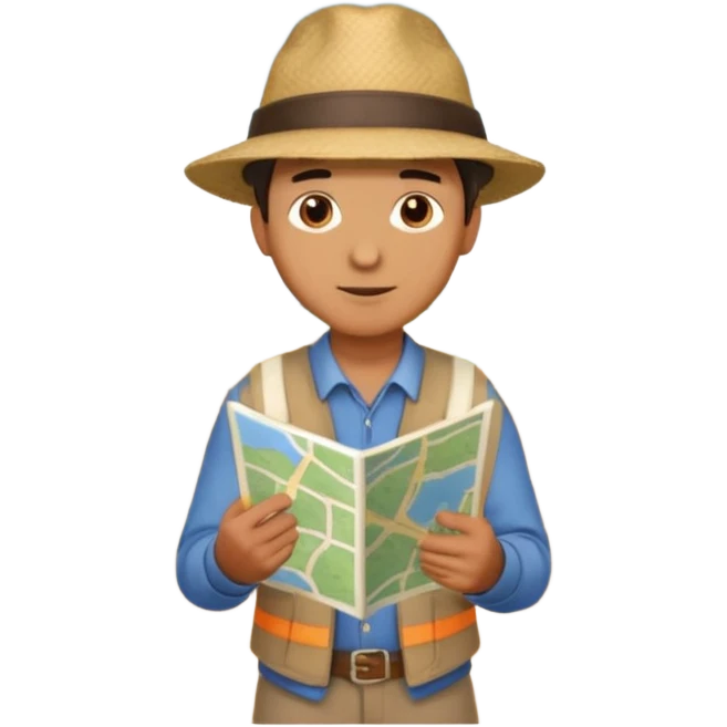 A man stands on a road with a map. There are 3 paths ahead. emoji