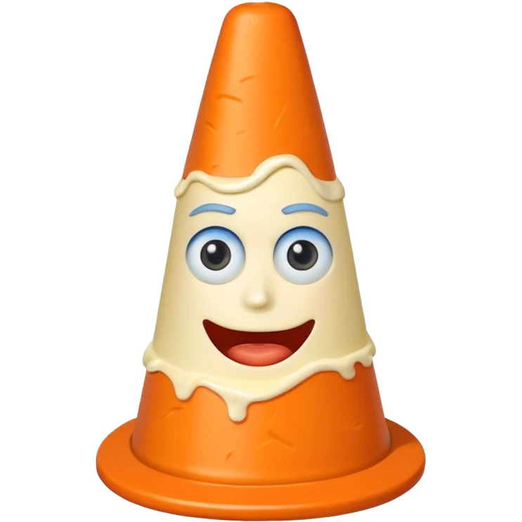 Traffic cone with mayonnaise on it and pickles around it and it has a blue face emoji