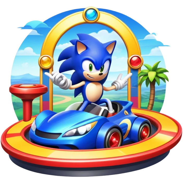 An icon representing an arcade game interface, inspired by Sonic. The design features colorful platforms, loops, and rings, with Sonic racing through a vibrant landscape. The iconic HUD elements, like score and timer, are visible. A transparent background. emoji
