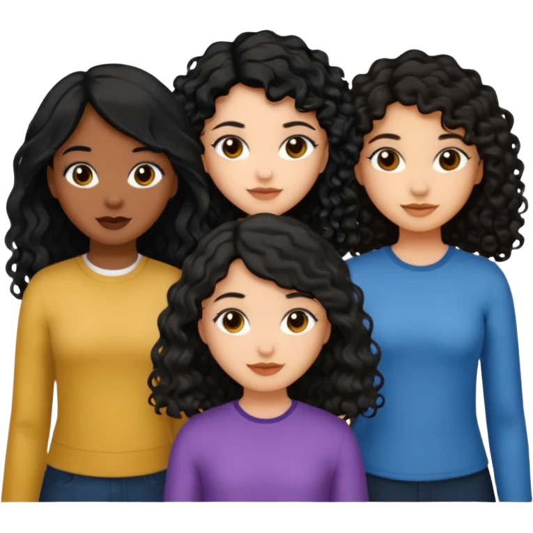Three girls, one medium skin tone and with short black straight hair, other one with dusky skin tone and black long curly hair, and other girl with dusky skin tone and long wavy black hair  emoji