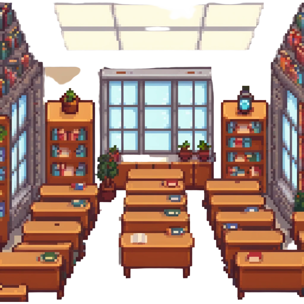 cozy classroom with bookshelves and windows emoji