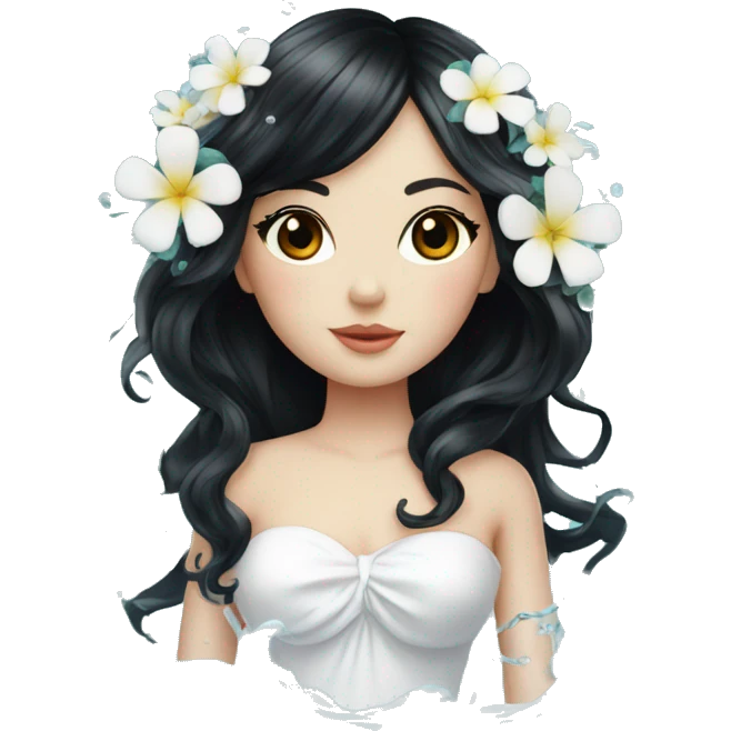 Pretty young Lady doll with black hair flowers in hair white dress surrounded by flowing water emoji