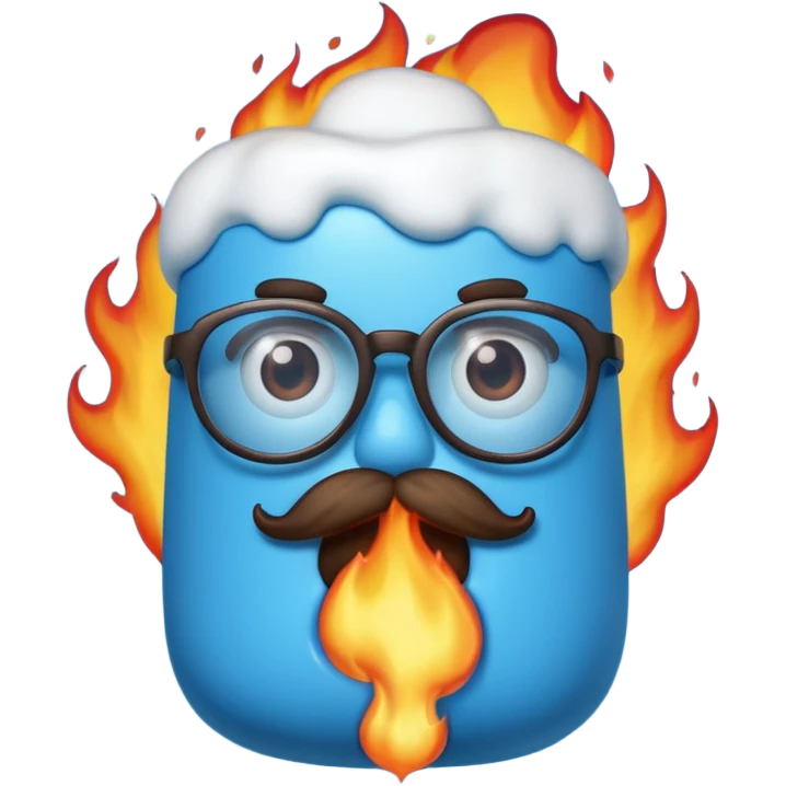 blue marshmallow on fire, surprised with mustache and glassess, just marshmallow emoji