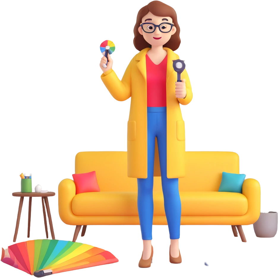 interior designer holding color swatches and a tape measure, standing in a stylish living room emoji