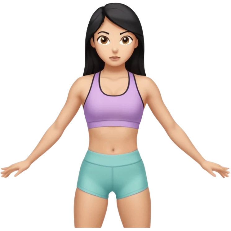 Athletic woman mid upper-body stretch, lean toned physique, defined legs and core, wearing a pastel sports bra and high-waisted patterned workout shorts, long black hair and olive skin hazel eyes, focused expression, natural lighting emoji