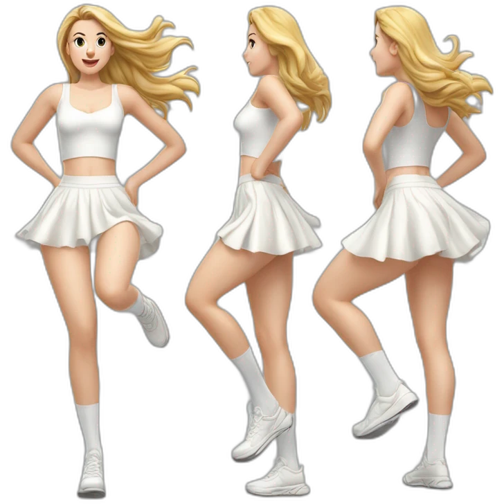 hyperrealistic-full-body-caucasian-curvy-beauty-jumping-small white-skirt-back-and-front-views-strong-wind-white knickers white socks emoji