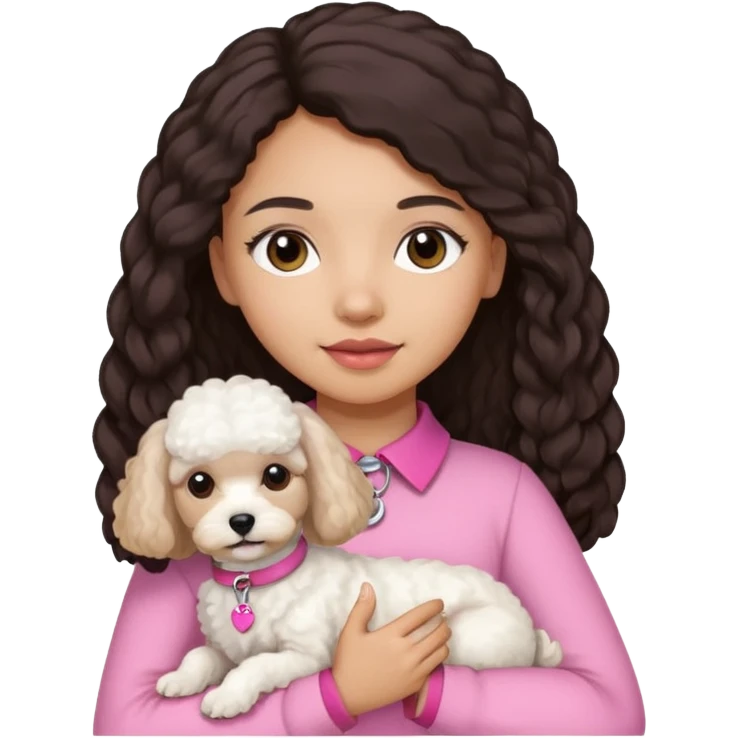 Mixed girl with long hair holding on the hands white maltipoo wear on pink collar emoji