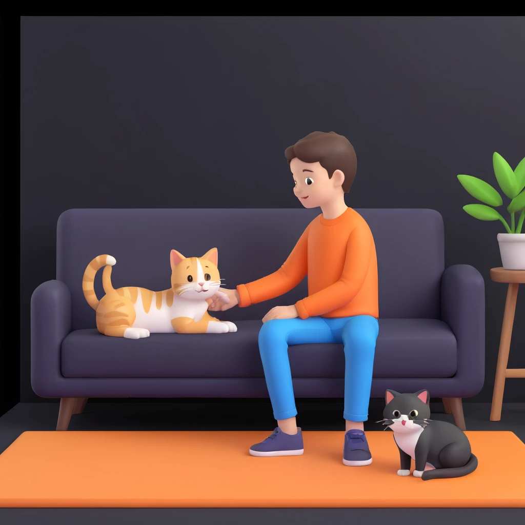 boy and cat pet, living room background emoji