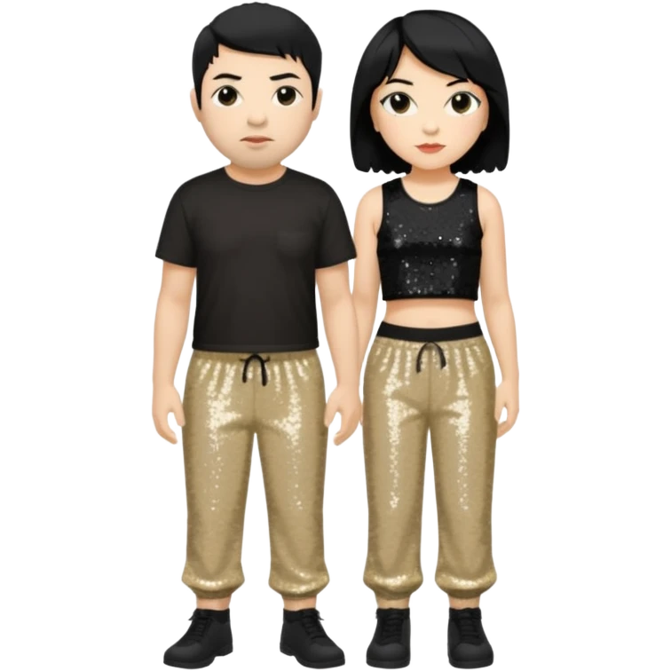 Chino Moreno with black hair, black sequin crop top, beige sequin baggy pants emoji