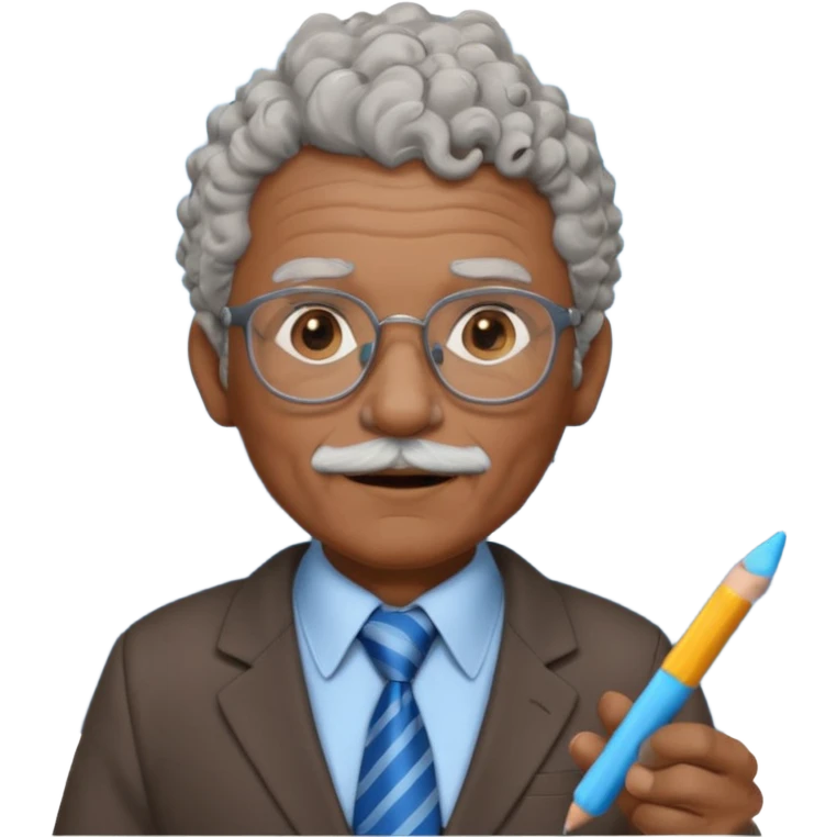 old man teacher, brown skin, curly grey white hai, wearing glasses, brown suit, blue tie hold chalk on hand emoji