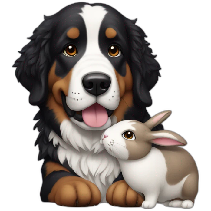 Berner sennen dog with a rabbit  plushie in his mouth emoji