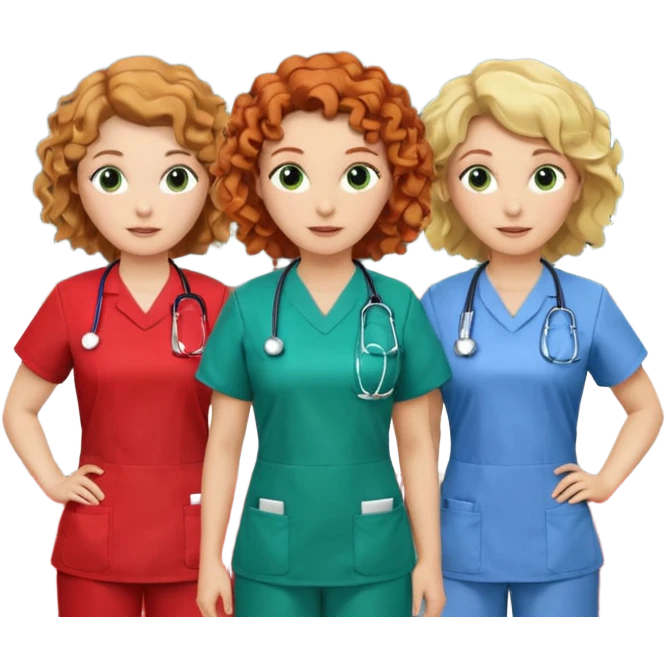 3 nurses: nurse 1 is wearing green work clothes, curly hair, middle european. nurse 2 is wearing blue work clothes, blond hair, scandinavic, nurse 3 is wearing white work clothes, red hair. they all stand in a classroom, "Academy" written in white on board emoji