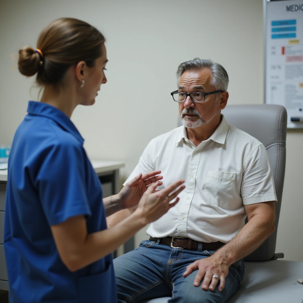 realistic image of a patient in a clinical environment, not suitable for assigned therapeutic exercises, physiotherapist stopping the exercise, worried expressions, realistic details, professional atmosphere, visible medical chart emoji