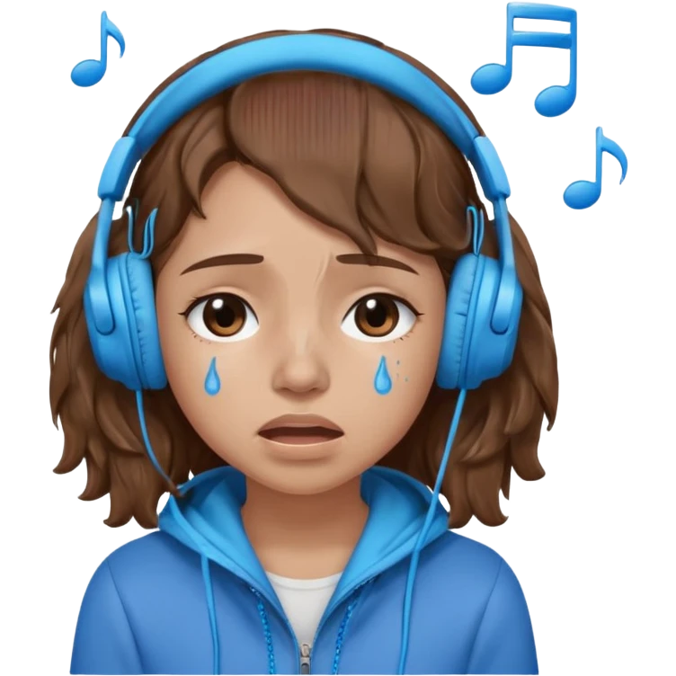 A crying girl with wavy hair listening to music with blue headphones emoji