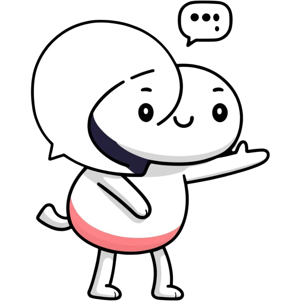 character with playful pose and a speech bubble saying 'what u doing' emoji