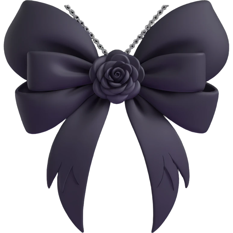 3D emoji gothic bow, white velvet, silver chain, black rose center, black feather accents emoji
