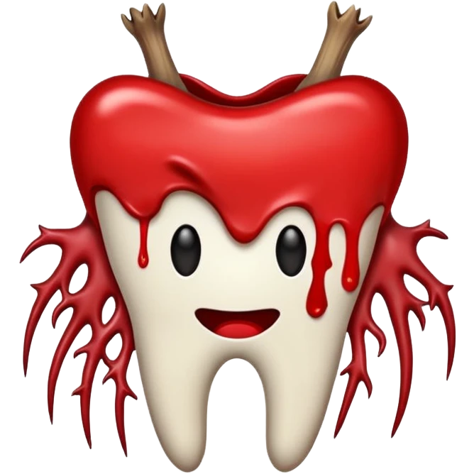 Minimalist emoji-style sticker of a pulled tooth with roots and a smear of blood at the base. Black and desaturated red colors. Flat, clean outline on white.
 emoji