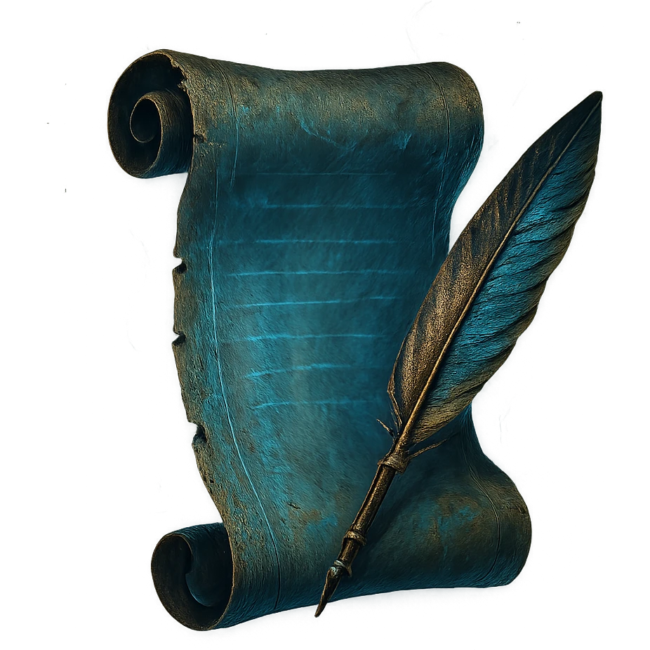 Windows 11 Notepad icon as a mystical blue scroll, Elden Ring note style, tattered edges, magical glow, and a colored feather, no text, just the notepad look, option 7 emoji